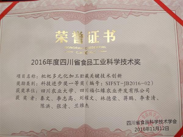 研究團隊獲2016年四川省食品工業科