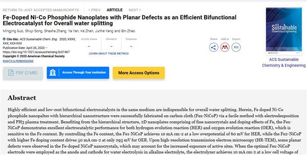 Fe摻雜NiCoP全解水電催化的論文被A